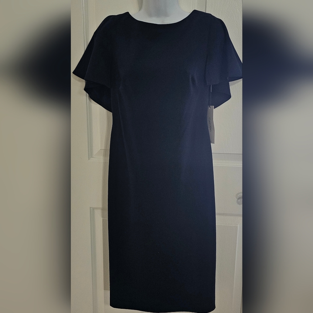 CALVIN KLEIN NWT sz 6 Elegant Navy Blue Dress w/flutter Sleeve